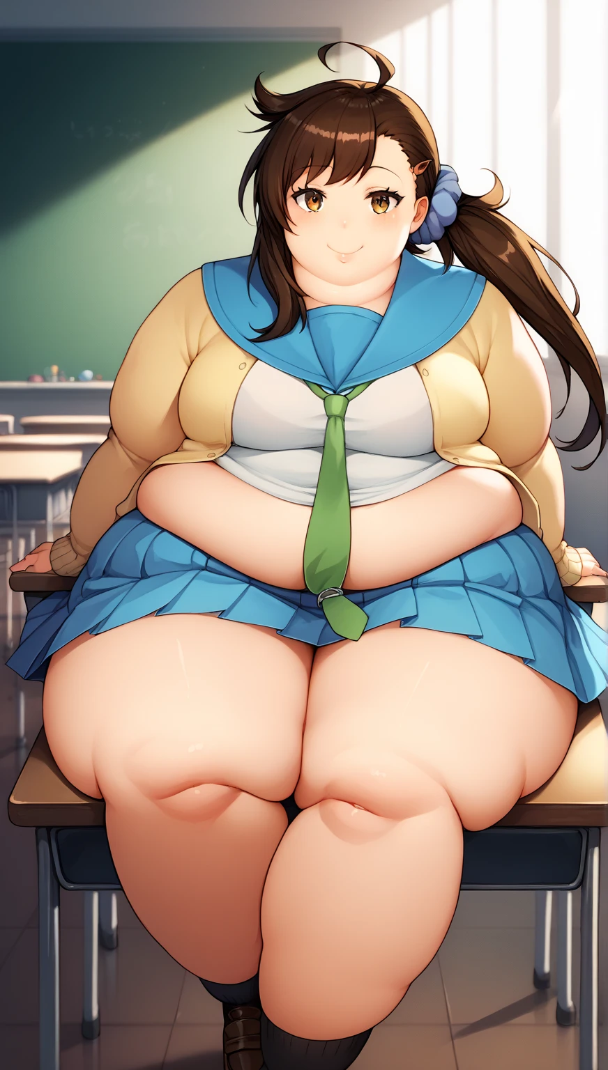 Round face, double chin, fat chin, fat cheeks, fat neck, round face, SSBBW, flabby arms, round face, double chin, fat double chin, big double chin, fat neck, chubby cheeks, fat thighs, fat calves, morbidly obese, flabby boobs, giant boobs, large belly, obese, fat face, belly, double chin, obesity, flabby breasts, fat arms and legs, fat everything,
Chubby, cleavage, 2d, masterpiece, best quality, anime, highly detailed, cowboy shot, 1girl, solo, yuri, purple eyes, purple hair, long hair, hairclip, [[large breasts]], school uniform, blazer, brown sweater, collared shirt, neck ribbon, blue skirt, standing, own hands together, expressionless, classroom 