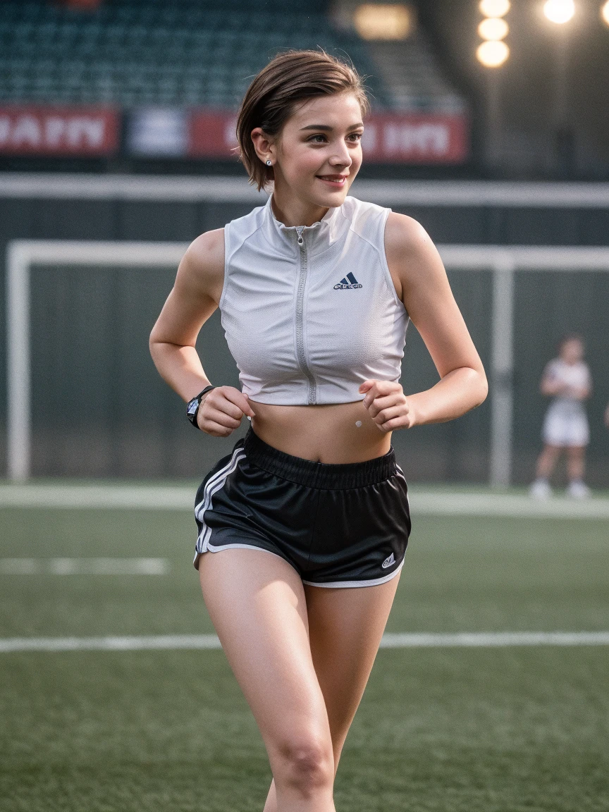 ((high resolution)), Athletic, ((pale skin)), brunette, 13 year old girl, long curly hair, naked, playing soccer