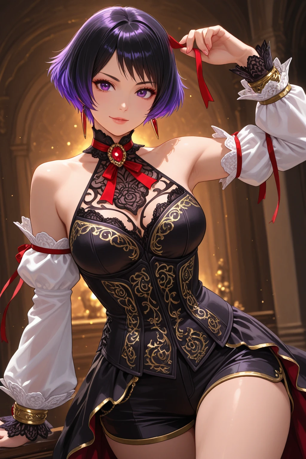 ((Raw photography,top-quality,hight resolution,Ray tracing,nffsw,Best Quality,Post-processing,portlate.3D,PureErosFace_V1:0.7,),(( Shiny white leather bondage costume,golden luxury embroidery,white bdsm,mistress,Bold figure,tight skirts,)))((((short hair hair,Emphasize cleavage,huge tit:4.0,Thin leg,Otto's eye,Elaborate depiction of limbs,a small nose,Have a perfect body,sleeveless,)))),((tthin eyebrows,long eyelashes,smil,二重まぶた,Vibrant eyes,looking down on viewers,red lipsticks,)),Create beautiful light effects on the background,Light Particle Filter,(finerly detailed face:1.3),chies