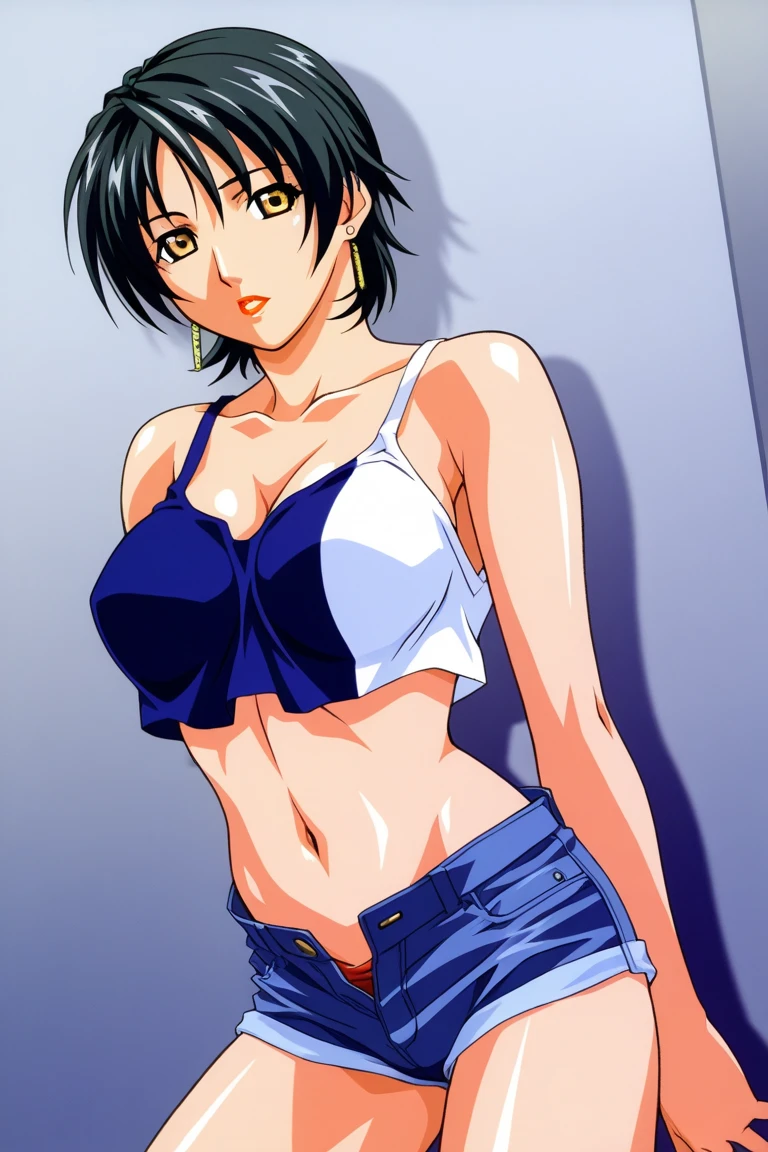 ((masterpiece)), (detailed), perfect face, dark tanned skin anime woman in a deep V-neck cami top, (jeans), starving, (resting hands on the stomach), (hands on the stomach), (slim woman), worried