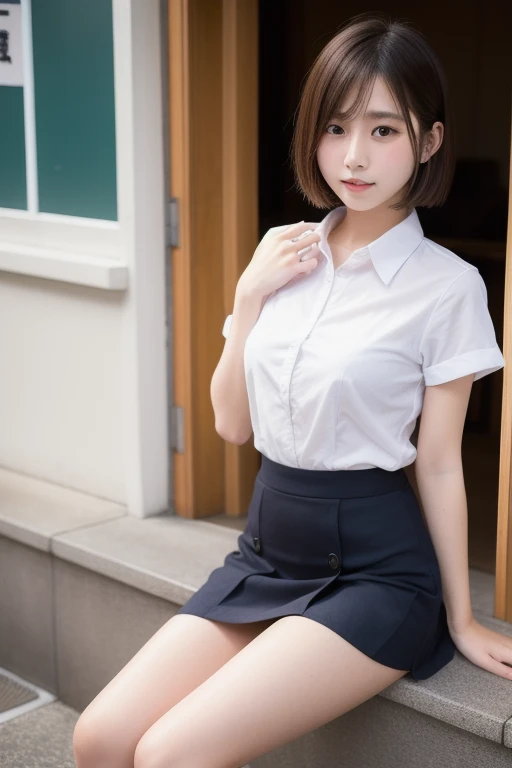 ((short cut hair))、Ulchan-6500-v1.1, (RAW photo:1.2), (realistic:1.4), beautiful detailed girl, very detailed eyes and face, beautiful and detailed eyes, that'ridiculous, 信じられないほどridiculous., huge file size, very detailed, High resolution, very detailed, highest quality, ((japanese girl' high school uniform)), shape, very detailed, bop, integration, 8k wallpaper, wonderful, small details, table top, highest quality, very detailedYTDユニフォーム8k壁紙, light shines on your face, cinematic lighting, 1 girl, 16 years old, ((dynamic pose))), (camel toe), (half), (standing posture), (pubic hair)