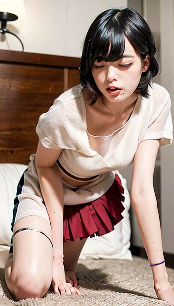 12 years old pretty girl、Cute Junior High School Student、NSFW、Super detailed、High resolution、transcendental beauty highest quality、masterpiece、knee socks、Majimix Real、(RAW photo:1.2)、(Photoreal:1.4)、Beauty in the beautiful details、and delicate expression、In a private toilet at a Japanese school、blonde、(boyish:1.5)、blonde、brown hair、brown hairベリーショートの髪、((you can see me))(squat)、attach wristband、Winding a bandana、earrings、eyelash、sparkling eyes、glossy lips、beautiful and detailed eyes、very detailed expression、Highly detailed face movie lighting、positive、((dynamic pose)))、(open stance))、(mini skirtがはだける:1.5), mini skirt、ripped shirt、boots, (Open the crotch and expose the pubic area:1.5), (Accurately represents the shape of the female genitals:1.5), (Detailed depiction of the labia minora, vaginal opening, Detailed depiction of the clitoris:1.5), (spread your legs wide:1.6), (small breasts、small breasts:1.5)、(No panties:1.3)、angle from below