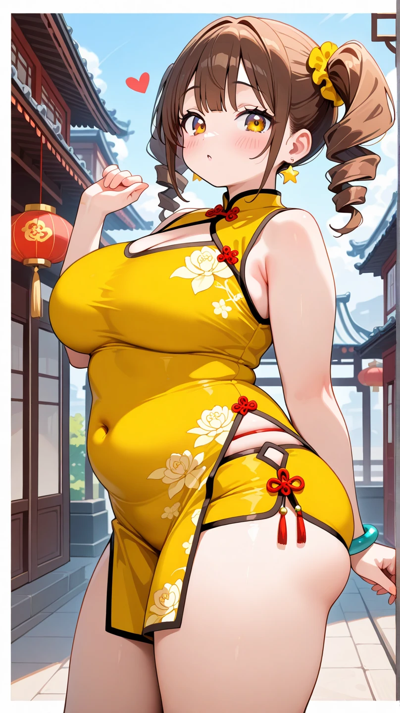 a beautiful woman, City,(Standard red silk cheongsam), (flower buns), (gold embroidery thread), (Such), Outdoor Chinese restaurant, Open your mouth and smile, ((black hair)), Little blush, side, (Chest), Reflex hip,Big breasts