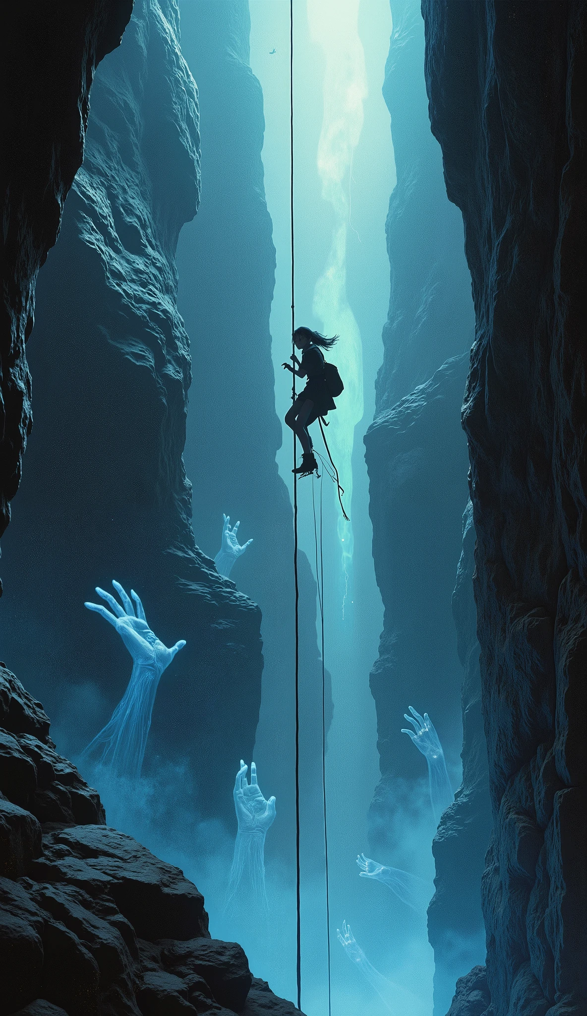 fine art ..Background: Escaping from the Demon's Cave.(adventurer's outfitsuper).A girl clinging to a rope...1girl...A ghost approaches from below.Beautiful runaway girl.hdr..hi res..approaching ghost..((many many ghosts))..very scary moment....Grab the rope and climb up..
