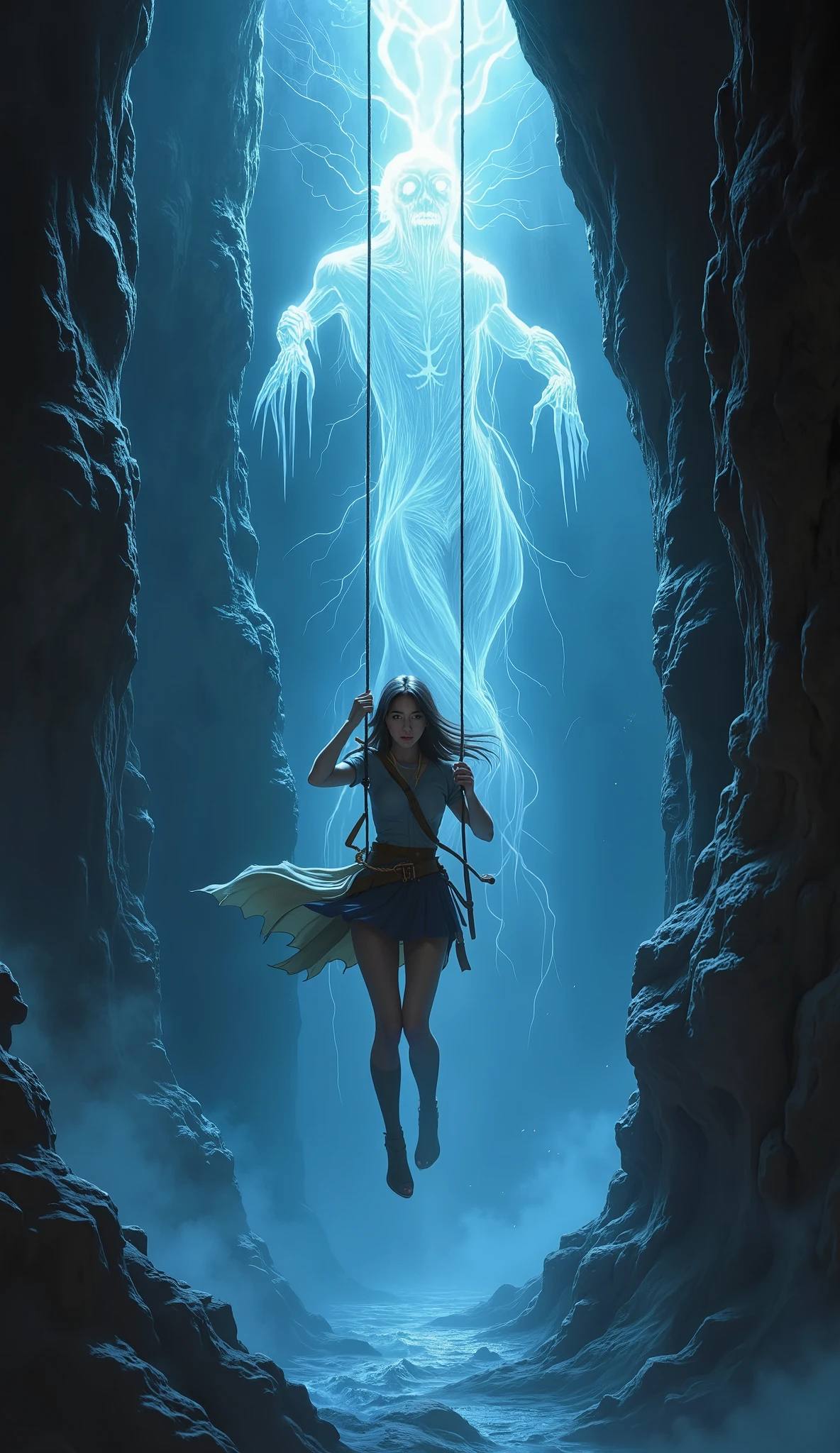 fine art ..Background: Escaping from the Demon's Cave.(adventurer's outfitsuper).A girl clinging to a rope...1girl...A ghost approaches from below.Beautiful runaway girl.hdr..hi res..approaching ghost..((many many ghosts))..very scary moment....Grab the rope and climb up..