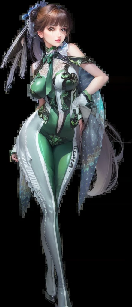 (Complex green-haired woman，Mecha joints and wing radiation, Quiet and dignified, Standing in the water), high resolution, Extremely detailed, Practical, Vibrant colors, Bokeh, Studio Lighting.