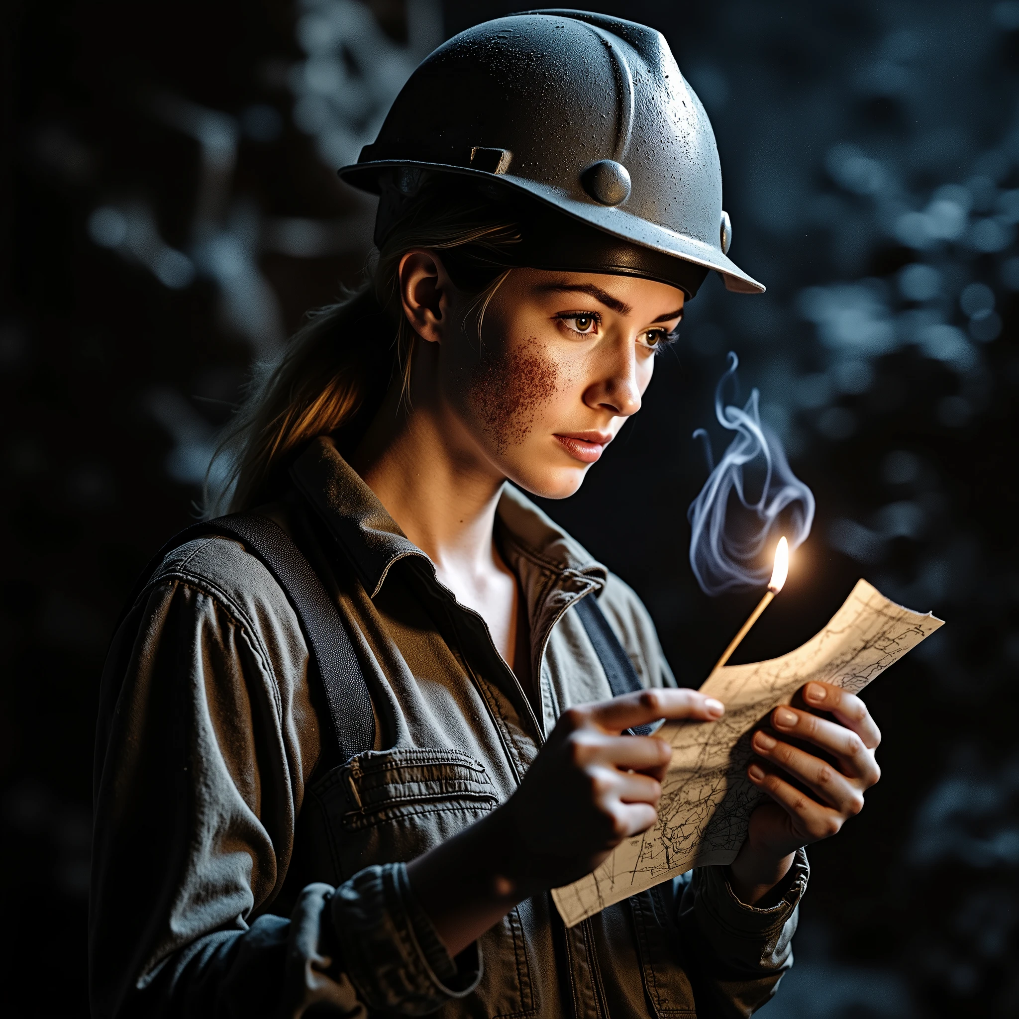 Ultra-realistic lateral super close-up of a beautiful woman inside a dark, underground mine. She is turned to the right, partially in profile, wearing a heavily worn protective helmet with chipped paint and layered dirt. Her face is streaked with grime and coal dust, highlighting the sweat and roughness of her skin. A smudge crosses her cheek, and small scratches reflect the harsh environment. Her clothes — a heavy-duty work shirt and utility vest — are visibly stained, worn, and dust-covered, with dark smears and signs of use. In one hand, she holds a lit matchstick close to her chest, casting a warm, flickering orange glow over her dirty cheekbone and eye. A delicate trail of smoke rises from the flame, twisting upward. In her other hand, she holds a crumpled, aged map with faint hand-drawn markings, partially illuminated. Her expression is intense and focused. A soft, cold blue rim light outlines the back of her helmet and shoulder, creating color contrast. The background fades into darkness with subtle rocky textures and suspended dust particles. A faint lens flare bleeds across from the match’s flame. Lighting is dramatic and cinematic — chiaroscuro style, photorealistic textures, expressive shadows, moody color palette. 8K resolution, stylized with a noir atmosphere and high emotional tension.