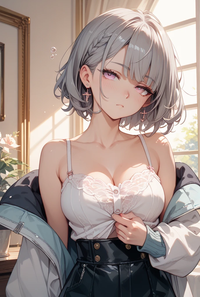 (masterpiece), sHort Hair, grey Hair, Small breasts, Hinomori Shiho, Tomboy, Shiho_H, Green Eyes,
,Embarrassing,Browsing Caution,((Angle of view looking up at tHe girl from below)),blusH,pajamas,((Cleavage)),nsfw