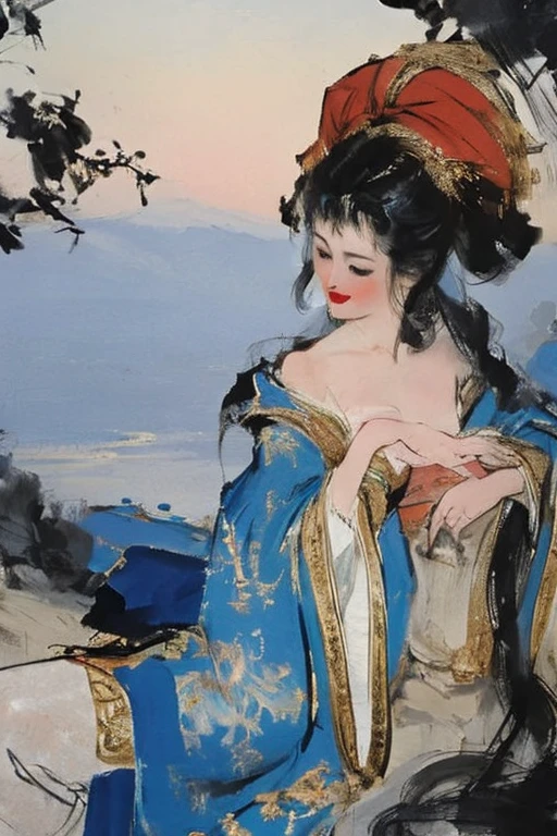 a close up of a woman in a blue dress sitting on a bed, inspired by Léon Bakst, inspired by Tawaraya Sōtatsu, gouache and ink, in the art style of ukiyo - e, gouache on paper, persian folktale artstyle, inspired by Utagawa Kunisada II, inspired by Utagawa Kunisada III