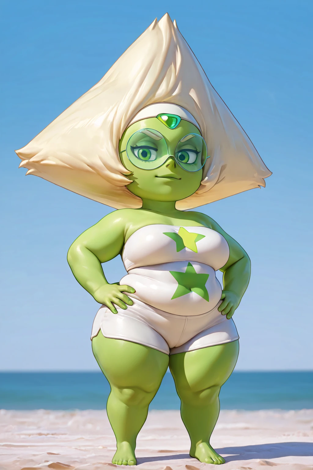 masterpiece, 1girl, peridot, peridot - steven universe, inflatable body, inflatable hair, shiny skin, shiny hair, rubber hair, latex hair, latex skin, rubber skin, dollification, standing, blank baclground, whole character in view, 3d render, blender style, sfm, source film maker, facing viewer, looking at viewer