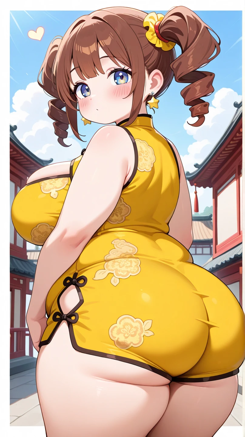 ((high reasterpiece), perfect anatomy, perfect shading, field of depth, (best quality), extremely delicate and beautiful, perfect lighting, detailed face, ultra cute face, cute, (cowboy shot 1.2), looking at viewer, full body, ((1girl)), ((solo)), short hair, fluffy hair, brown hair, hair decoration, green eye, ((blush)), nervous ((red chinese split dress 1.2)), extremely tight dress, thigh highs, medium breasts, cleavage, perky breasts, (((wide hips))), ((thick thighs)), (chubby), chubby belly, fat rolls, belly hang, street, town, chinese festival, night time, intricate background, detailed background, standing, (huge belly:1.5)