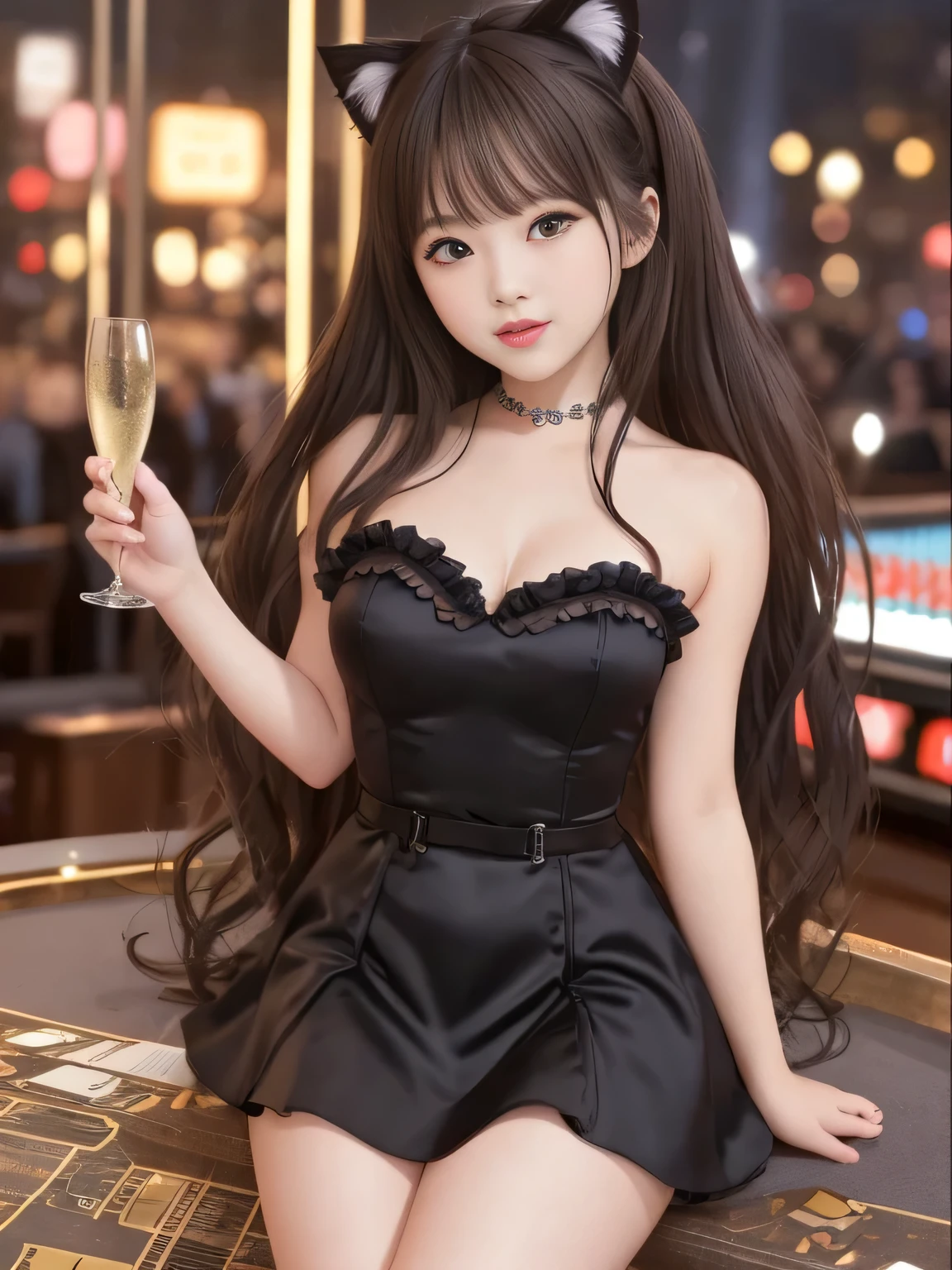 (top quality)、masterpiece、hyperrealism、princess who sits with her legs open in an m shape、
(lively cabaret club at night、sparkling champagne tower、underground casino bar、Live feeling 、Girls in dresses)、
Intricate interior details, Full frame window,warm lighting,
A wonderful night、gives this scene a special charm,
Taken with X-T4,85mm,blurry background,
woman with sex appeal、The Girl Is Seductive、 Glossy Brown Hair 、middle twin tail、Cat ears、
cute、lips、street fashion、perfect body、miniskirt、Chubby Glowing Thighs、Embarrassing Expression、amazing beauty、