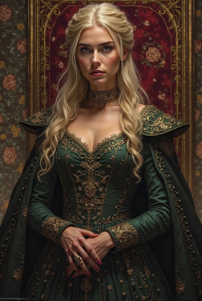 A beautiful Targaryen Women with round face and platinum blonde hair and with purple eyes, she's wearing a royal green velvet gown with a black net shawl on head that covering her face and head, She's sad and sitting on an open Royal wagon and travelling through street, soldiers marching behind, she's