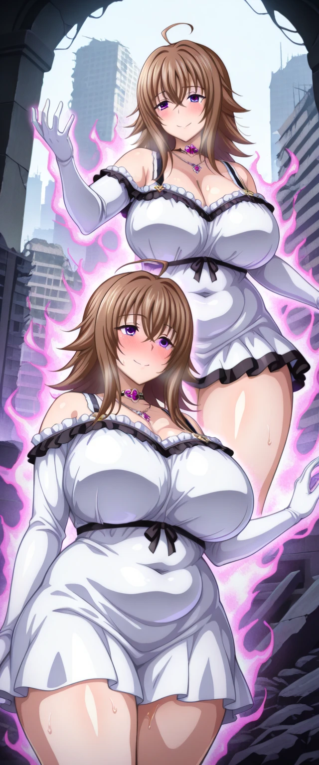 <lora:Mamako_Oosuki:0.9>, mamako_oosuki, brown hair, long hair, purple eyes, large breasts, bright pupils, ribbon, mature female,
1girl, solo, <lora:CinderellaV3:0.8>,breasts, white_gloves, glowing eyes, glowing eye, anachirox, white bodysuit, see-through, cleavage cutout,looking at viewer, smile, huge_smile, smirk, destroyed buildings, broken windows, broken buildings, wasteland, sunset,
<lora:hyperdetailer_v095:0.4>, <lora:outline:0.3>, <lora:atdan:0.9>, weird atmosphere, (best quality:1.1), (masterpiece:1.2), high quality shadow, beautiful detailed, (high detailed skin, skin details), (wide_landscape, 8k), beautiful face, detailed eyes, depth of field, dramatic light, best quality, highres, best shadow, best illumination,<lora:ButtCrack:1.0><lora:ButtCrack:1.0>