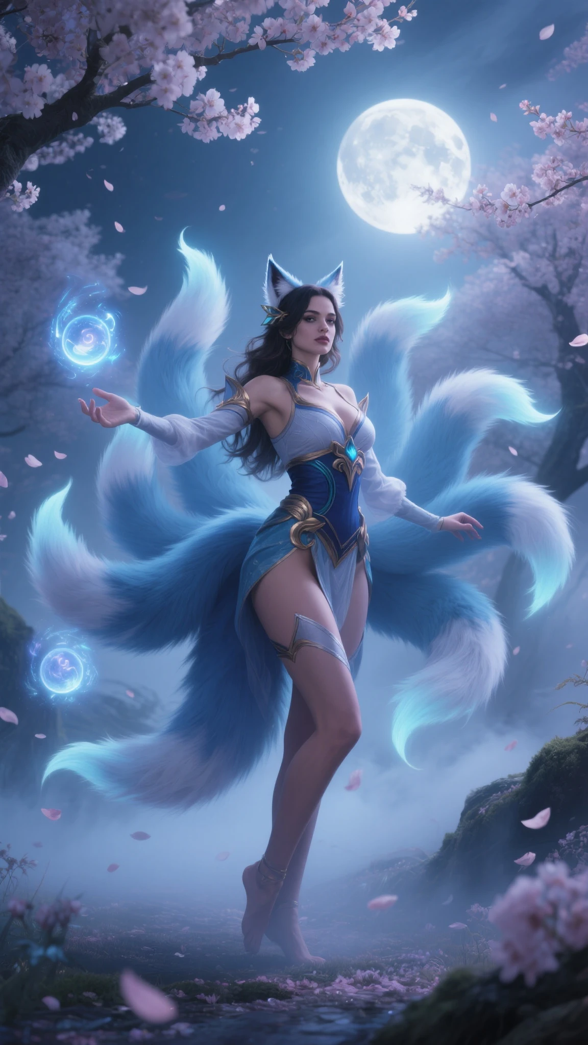 arafed woman in a purple outfit holding a blue ball in her hand, ahri, portrait of ahri, ahri from league of legends, league of legends art, splash art, league of legends splash art, official splash art, league of legends character art, seraphine ahri kda, league of legends arcane, league of legends character