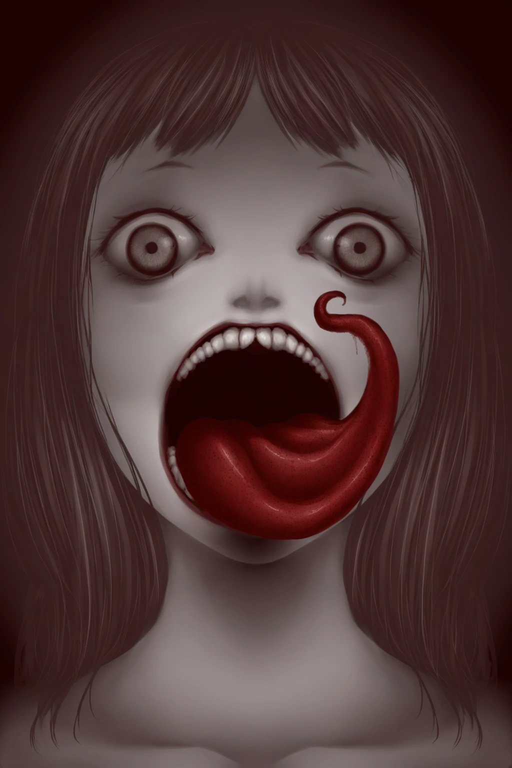 Girl sticking out her tongue, normal tongue, with an intense red color, white teeth, a profiled nose.