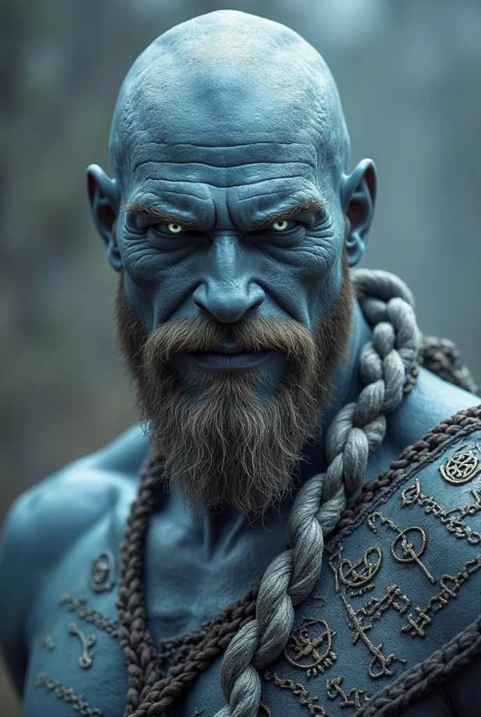 Photo of a strong blue orc with perfect ??????? and a rope around his neck, Orc, ogro, orc looking at the camera, Meio Orc, Retrato de um Orc, elfo com pele azul, elfo com pele azul, Orc Guerreiro, Retrato de um guerreiro orc, tom de pele azul 8k texturas, detalhes fotorrealistas, fundo vazio, pele realista, renderizado com arnold