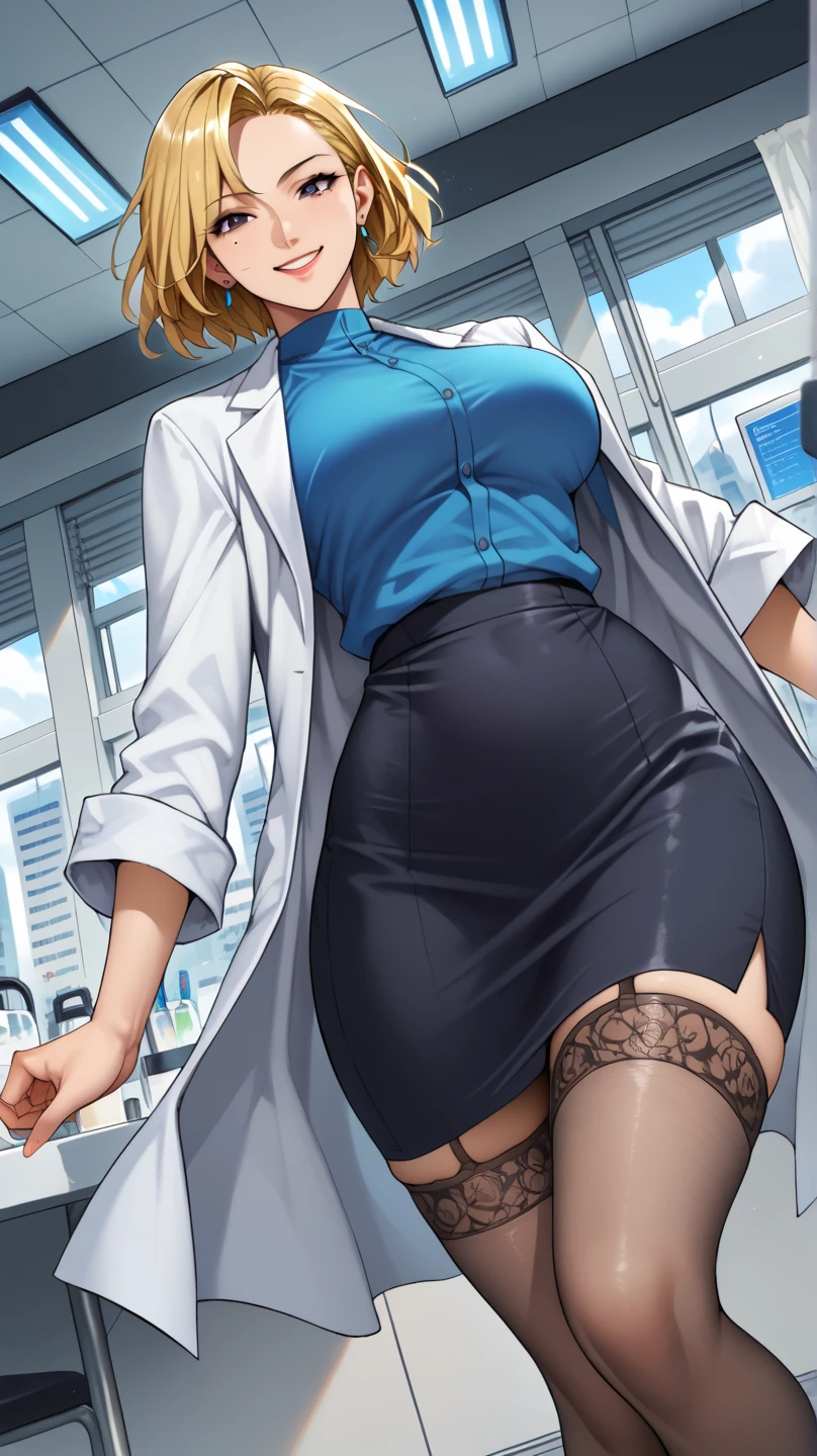 Doctor Mercy from Overwatch, blonde hair, black stockings, nude tits, white medical coat