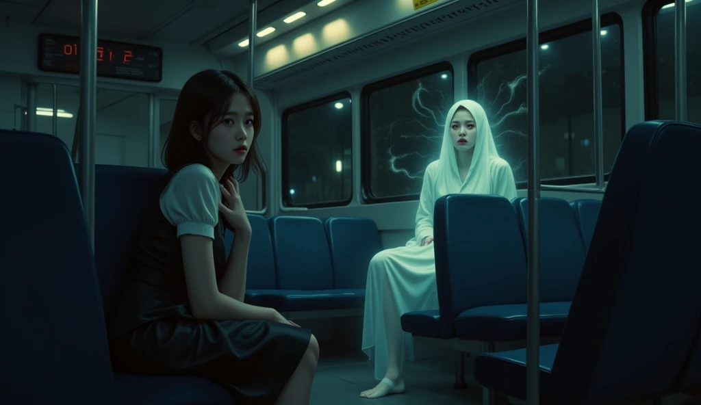 A ghost is sitting on a bus at night, and a pretty Korean woman is sitting on a frightened bus.