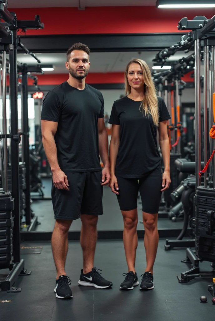 Have a bodybuilding student who has a prosthetic leg training and his personal trainer at his side helping him with his workouts.. Make both with a navy blue t-shirt and in the background a banner saying FEPI in blue and yellow.