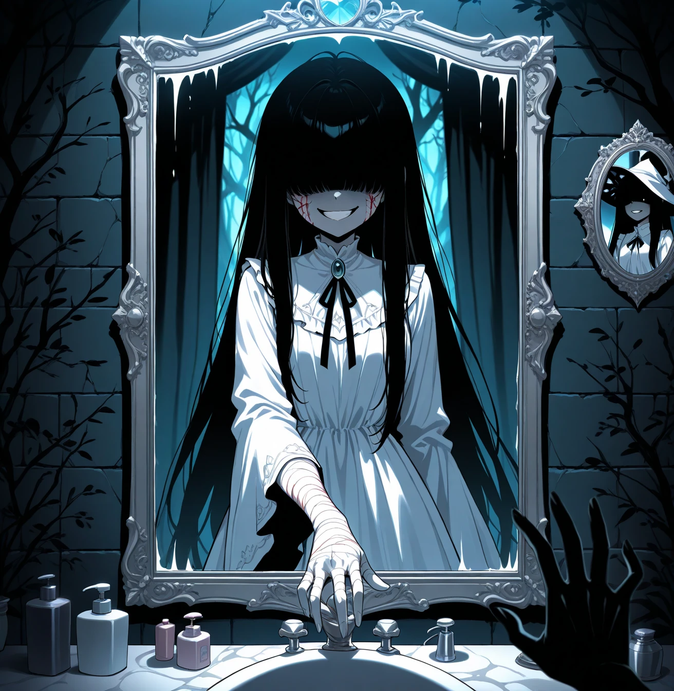 In the eerie moonlight of an abandoned, decrepit mansion, a beautiful girl with porcelain skin and raven hair found herself trapped. The chilling whispers of ghostly voices echoed through the haunted halls, and her reflection in a dusty, cracked mirror revealed a haunting, malevolent grin that was not her own. She realized she was not alone, as unseen entities closed in, their sinister presence suffocating her in the darkness., Misty Moors, Dystopian, masterpiece, 8k, high resolution, shallow depth of field, sharp focus