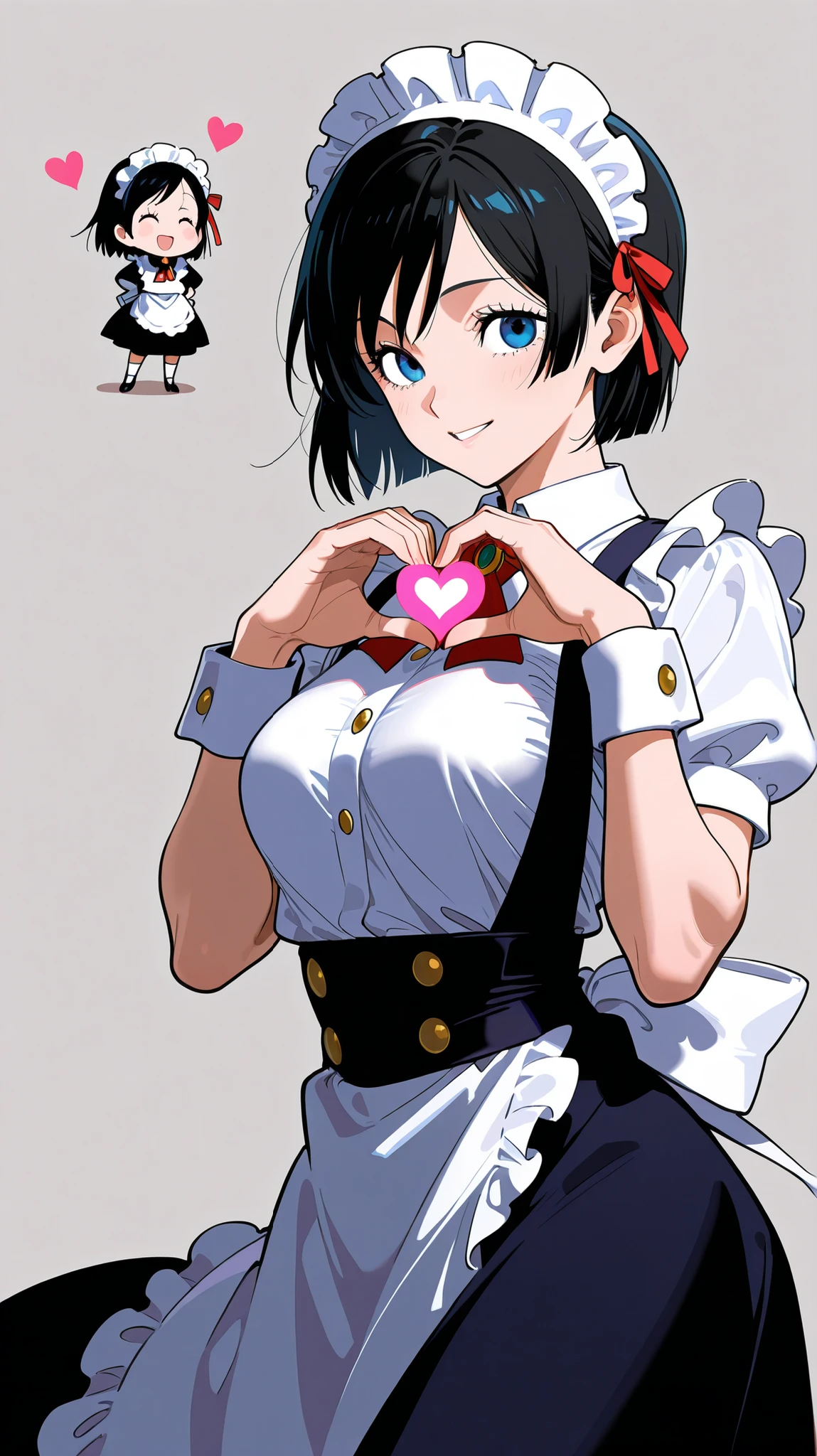 Girl, short black hair, circle above her head, light blue eyes, melting smile, large breasts exposed from the top, tight red shirt with short sleeves, neck exposed to the chest, sexy, maid clothes, devil tail, hearts 