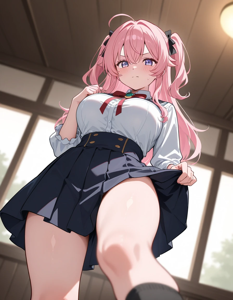 masterpiece, best quality, ultra-detailed, (1girl:1.5), hoshino, white shirt, pleated skirt, (Open both eyes:1.4), half closed eyes, (grin:1.4), (Small breasts, covered nipples:1.35), (Black panties), (cameltoe:1.4), standing, (Squat:1.5), (behind arms head:1.5), indoor