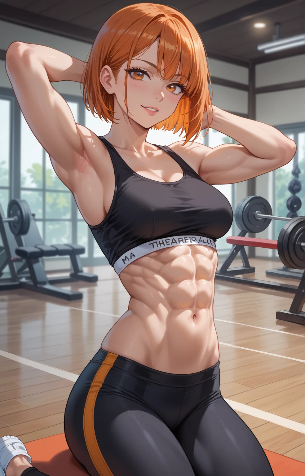 masterpiece, best quality, ultra detailed, ultra high resolution, very detailed face, solo, ((anime)), 20 years old girl, (((from below))), (((crimson track uniform, sleeveless))), ((navy bloomer)), ((golden short hair)), (((medium breast))), (six pack abs:1.2), ((little smile)), standing at the track field