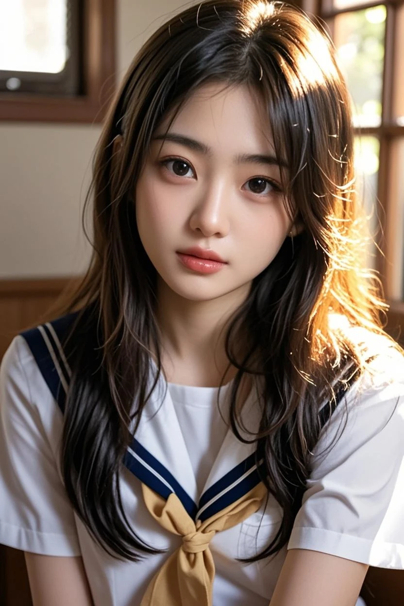 Best quality, masterpiece, ultra high res, 1girl, (sobbing:1.0), in bed, DARK hair, dramatic lighting, bitch, breasts, in bed, (high-school uniform:1.2), (lying:1.7) ,(face up:1.2),