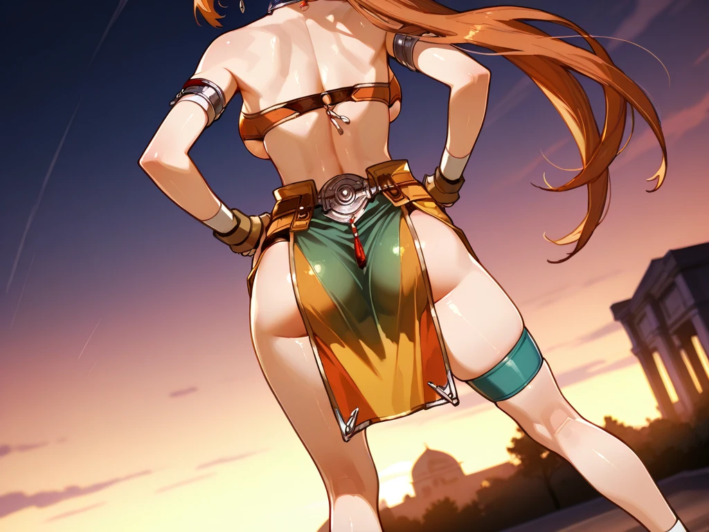cowboy shot, straight-on, naughty face, looking at viewer, <lora:mon_gi:0.6> mg, green eyes, red hair, blunt bangs, ponytail, side ponytail, <lora:zs_CoronetArmor:1> p4coronetarmor, <lora:age_slider_v2:3>, ultra detailed, masterpiece, best quality,