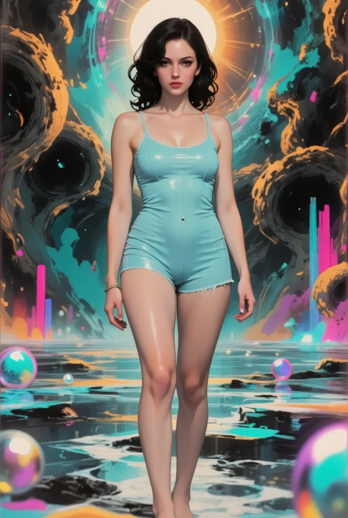 High resolution image of muscular blonde white skin woman, showing full body, breasts big, big-ass, wearing futuristic space sexy outfit, walking on deserted Mars, With Sun, looking at camera, perfect italian style face, fine nose, pink mouth lips, cloused mouth, well-defined eyes with blue irises, show beautiful legs, show your two beautiful feet, beautiful toes, 8K ultra resolution.