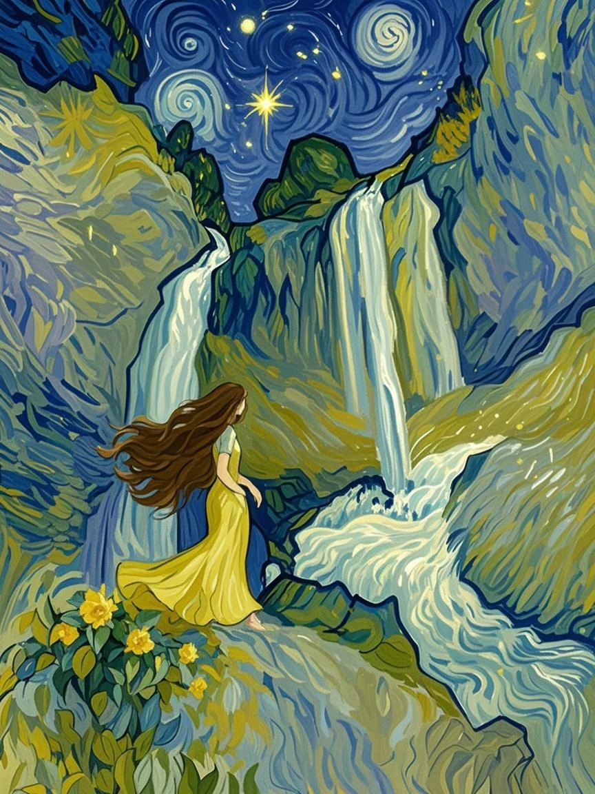 Art by James R. Eads, Swirling and flowing lines define the vivid landscapes and sky, girl standing, naked girl, nude, nsfw, drawing inspiration from Van Gogh's Starry Night. each piece appears as a vision or a dream with psychedelic colors and a sense of movement that suggests a connection to the spiritual or metaphysical world. the style is heavily influenced by the natural world and uses bright and contrasting colors to add depth and emotion. by Satori Canton