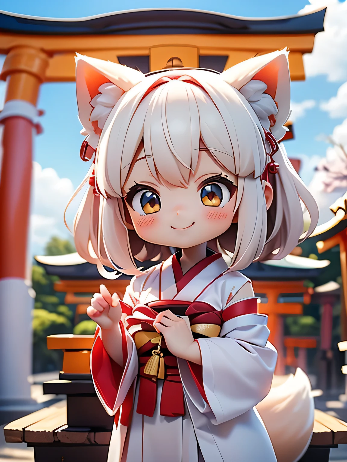 /*Little Fox Confessions*/(((In the precincts of Torii))),(((Little Fox Confessing))),(((fox ear))),(((Red and white shrine maiden costume))),(cute smile:1.3),(((3D Images:1.3))),(Image Mode Ultra HD),