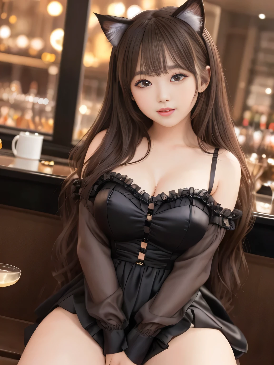 (top quality)、masterpiece、hyperrealism、princess who sits with her legs open in an m shape、
(lively cabaret club at night、sparkling champagne tower、underground casino bar、Live feeling 、Girls in dresses)、
Intricate interior details, Full frame window,warm lighting,
A wonderful night、gives this scene a special charm,
Taken with X-T4,85mm,blurry background,
woman with sex appeal、The Girl Is Seductive、 Glossy Brown Hair 、middle twin tail、Cat ears、
cute、lips、street fashion、perfect body、miniskirt、Chubby Glowing Thighs、Embarrassing Expression、amazing beauty、
