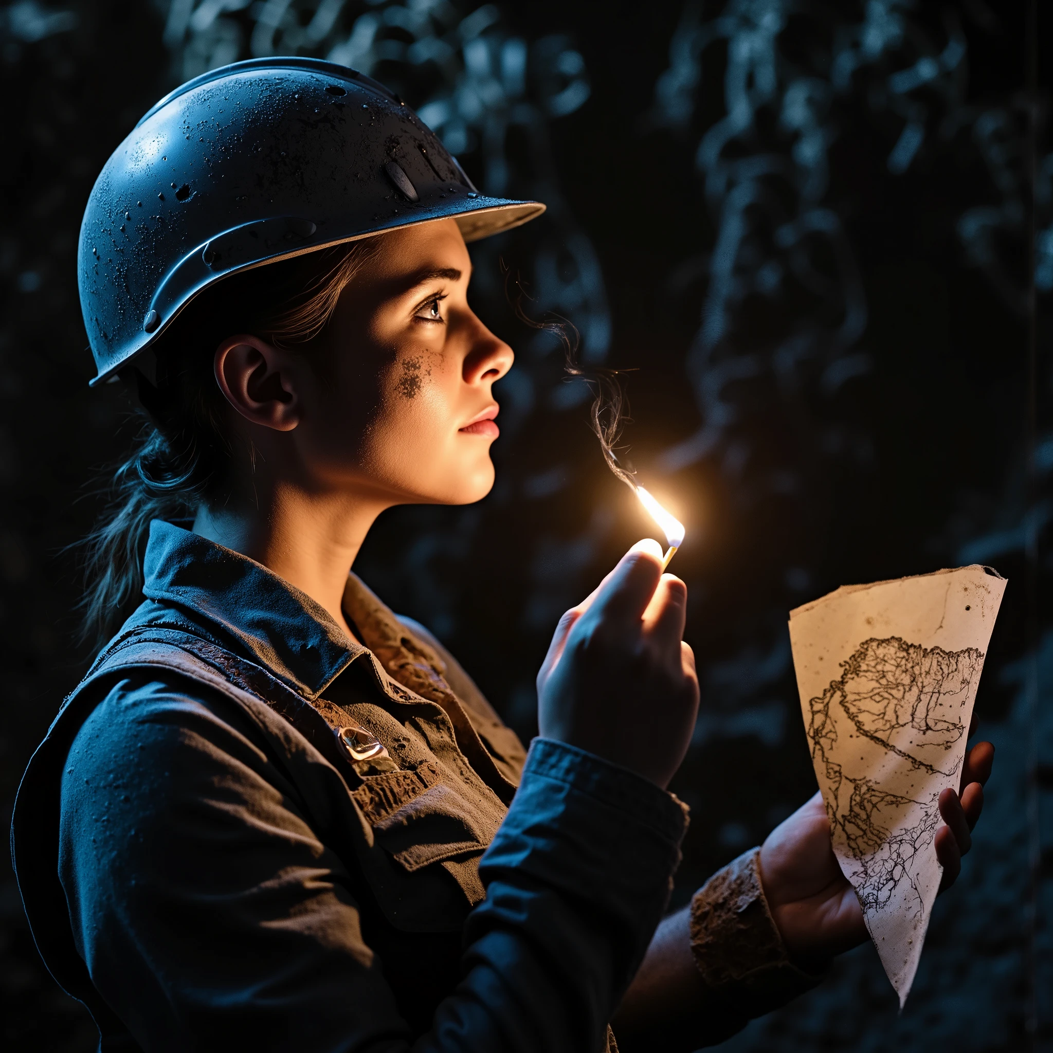 Ultra-realistic lateral super close-up of a beautiful woman inside a dark, underground mine. She is turned to the right, partially in profile, wearing a heavily worn protective helmet with chipped paint and layered dirt. Her face is streaked with grime and coal dust, highlighting the sweat and roughness of her skin. A smudge crosses her cheek, and small scratches reflect the harsh environment. Her clothes — a heavy-duty work shirt and utility vest — are visibly stained, worn, and dust-covered, with dark smears and signs of use. In one hand, she holds a lit matchstick close to her chest, casting a warm, flickering orange glow over her dirty cheekbone and eye. A delicate trail of smoke rises from the flame, twisting upward. In her other hand, she holds a crumpled, aged map with faint hand-drawn markings, partially illuminated. Her expression is intense and focused. A soft, cold blue rim light outlines the back of her helmet and shoulder, creating color contrast. The background fades into darkness with subtle rocky textures and suspended dust particles. A faint lens flare bleeds across from the match’s flame. Lighting is dramatic and cinematic — chiaroscuro style, photorealistic textures, expressive shadows, moody color palette. 8K resolution, stylized with a noir atmosphere and high emotional tension.