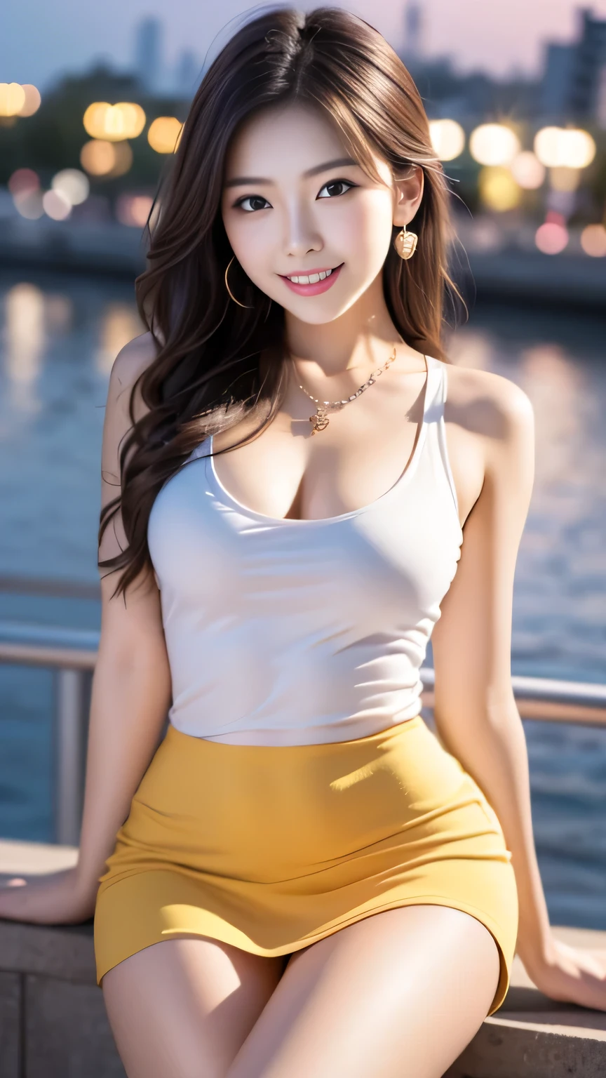 A single girl sitting elegantly, wearing a yellow high-waisted skirt and a matching yellow shirt that is gently pulled open, showcasing her large breasts. Her long brown hair cascades down her back as a necklace and earrings adorn her. With a subtle blush on her cheeks and a warm smile, she looks directly at the viewer, exuding confidence. The setting is uncensored, with her legs slightly spread, revealing her collarbone and grey eyes. She radiates a sense of allure and charm, with no panties and no bra, embodying a bold and alluring demeanor.