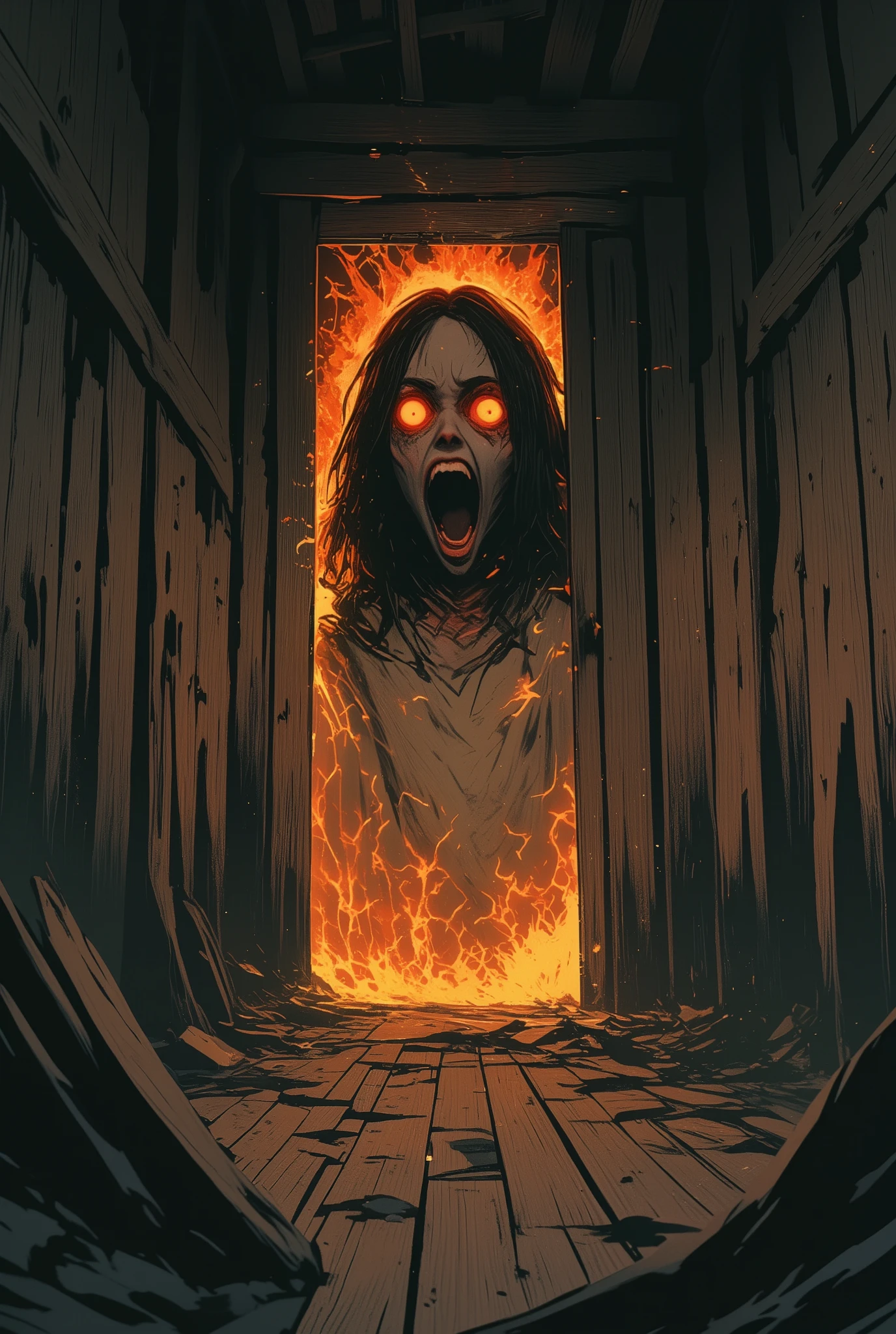 4pp4l4chi4 Folk Horror, an old wood wood in a hallway, the door has the image face of a screaming woman on fire in it, flat face