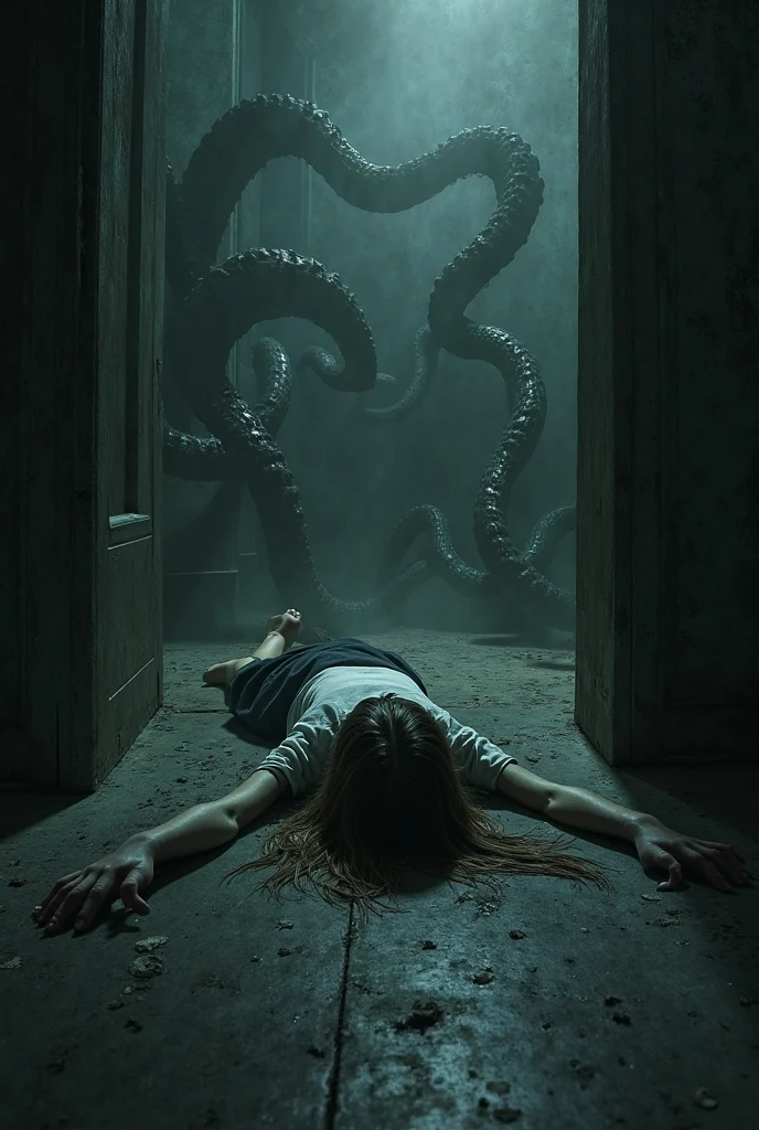 (extremadamente detallado, obra maestra, La mejor calidad), Estilo oscuro, intense illumination, rostro con arrugas, mujer crucificada, tentacle, monstruoso, interior de una piscina de agua, imagen submarina, alien con Colmillos finos. manchas de tinta. Rococo composition. Luz de caravaggio