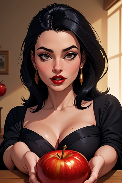A stunning intricate full color portrait of Elizabeth Comstock, pale skin, black hair, blue eyes, wearing a button up blouse, deep cleavage,, seductive, portrait, by ilya kuvshinov, alessio albi, nina masic, sharp focus, natural lighting, subsurface scattering, f2, 35mm, film grain,