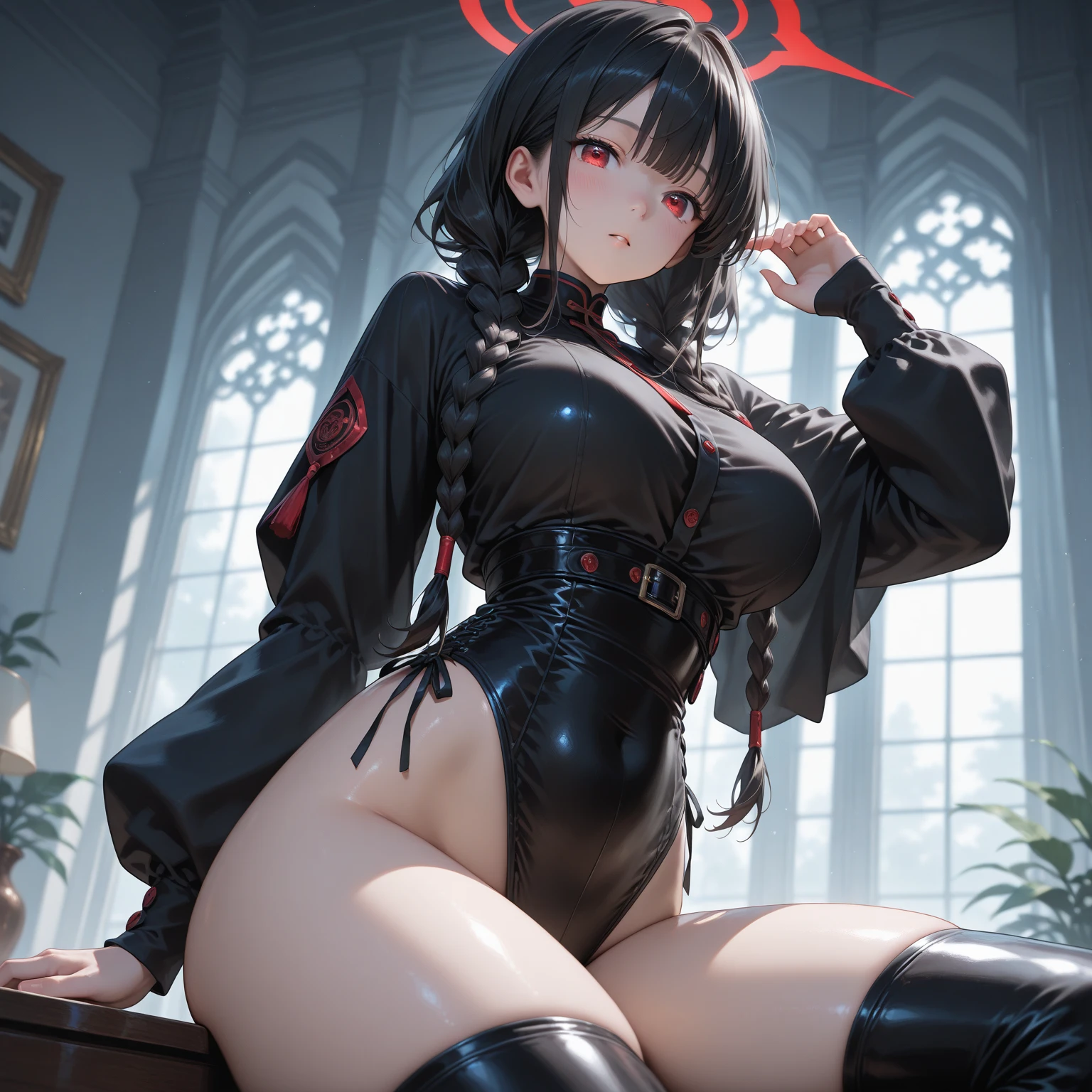 Black rubber suit,Clothes with open chest,1womanl,((Open your crotch)),Ecstatic look,A dark-haired,(huge-breasted),