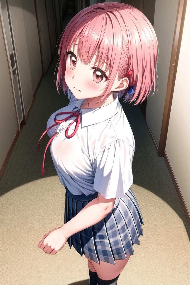Mastepiece、masterpiece、highest quality、Super detailed、High resolution、8K Portrait、High definition CG of Unity 8k wallpaper、Cute little:1.5、Loli:1.5、Highly detailed CG Unity 8k wallpaper、Realistic、Real person、 Portrait Photography、Shiny skin、High definition、(16 years old:1.2)、(1 girl)、Beautiful clear eyes、extremely detailed description、Delicate face、Nice lips、Slim body、(thin waist)、Thin legs、(bed room:1.6)、1 Girl, Cute, Perfect Face, seriously, (blush:1.5),(Pink hair bob:1.3),(hair ornaments),(big breasts:1.3),((School uniform:1.3)),((skirt lift:1.5)),(looking at view),(from front),(disapproval face:1.5),nsfw,(take off panty:1.4)