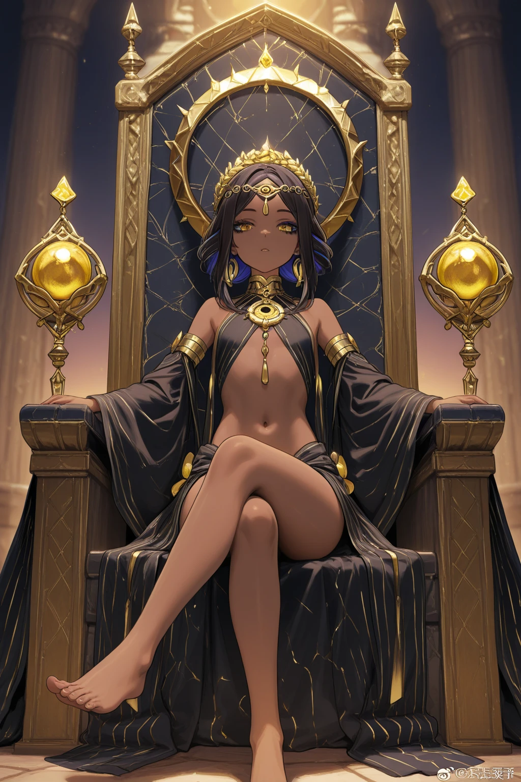 One girl, very short ink-black hair reaching her chin, smiling serenely, sparkly ink-black eyes, naked breasts, semen running down her legs, golden piercings in her nipples, a lot of Egyptian golden accessories, she is in some old Egyptian temple.