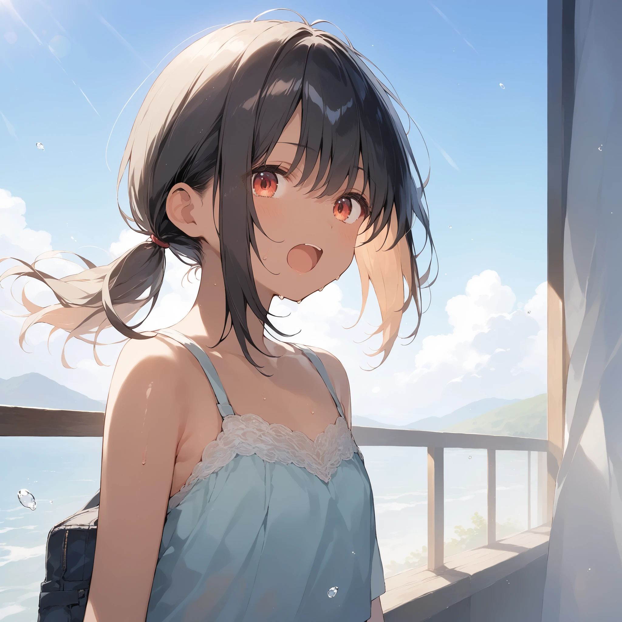 score_9, score_8_up, score_7_up, source_anime, best quality, masterpiece, official art, absurdres, highres, ultra-detailed,waifu2x,Collection: Slice of Life,break,1girl, tomboy, dark-skinned female, short hair, low ponytail, flat chest, beautiful detailed eyes, short shorts, sweat, open mouth, (yawn:0.3), sleepily, outdoors, wind,break,(clear line illustration:1.2), super detailed skin,very high resolution, very aesthetic, Best sexual lighting powered by famous artist, 8k,cute picture,beauty illustration,photoshop_(medium),,(Detailed Lighting),best anime 8k konachan wallpaper, pixiv contest winner, 