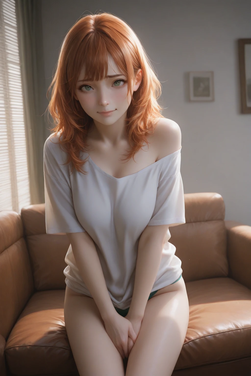 Create a high-quality, detailed image of a beautiful, anime lofi girl with long red hair, bright blue eyes, and a smile, sitting at her gaming PC in her cozy room. She has tattoos and wears a sexy see through tank top, showing her midriff with sleep shorts. The warm, inviting scene includes soft ambient lighting, comfortable seating, and a high-end PC setup with multiple monitors and RGB lighting. The setting is illuminated by a small lamp, creating a serene and intimate atmosphere (HIGH QUALITY)