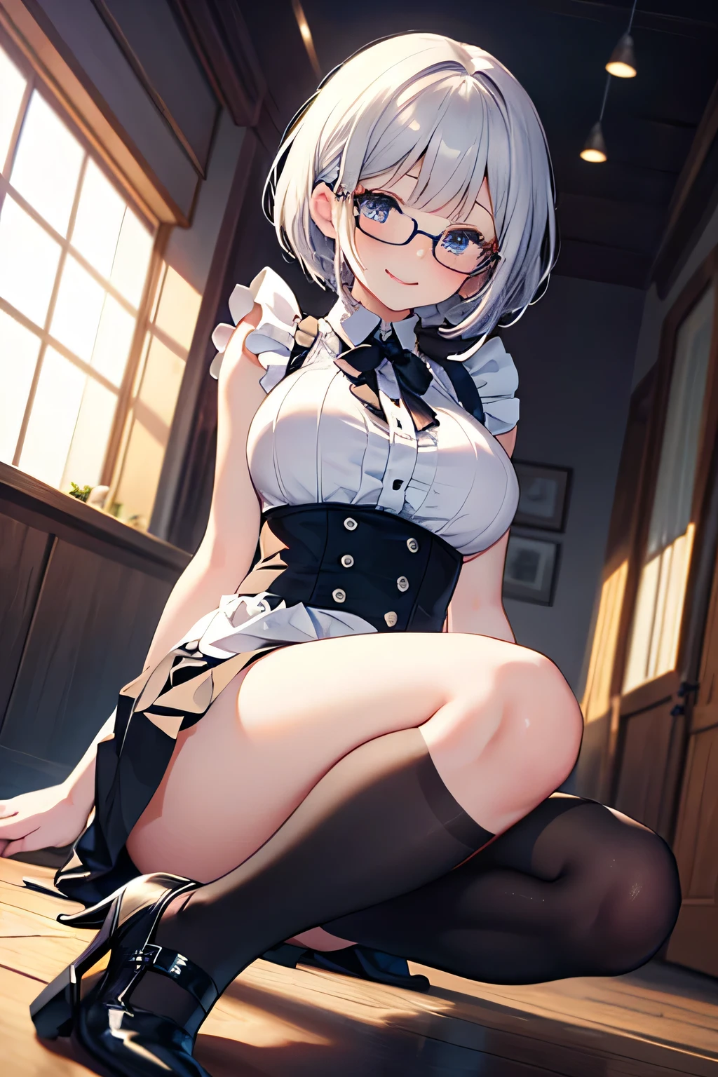 Highest quality、High resolution、Detailed Background、(Beautiful face in every detail:1.4)、Anatomically correct、(Normal number of fingers:1.2)、Highly detailed face、(Detailed eyes:1.2)、Teenage beauty、(Huge breasts:1.2)、Perfect body line、Light color hair、Braided bob cut、ponytail、Wavy Hairstyle、well-groomed eyebrows、Glasses、Sailor suit、JK Uniform、Pleated skirt、White Stockings、A big smile、blush、Accentuate your cleavage、Accentuate your breasts、
(The button on her uniform is broken and her breasts are spilling out:1.5)、(View from below of a girl sitting at a desk:1.5)、(Underboob:1.3)、(Panty Shot:1.2)、cute