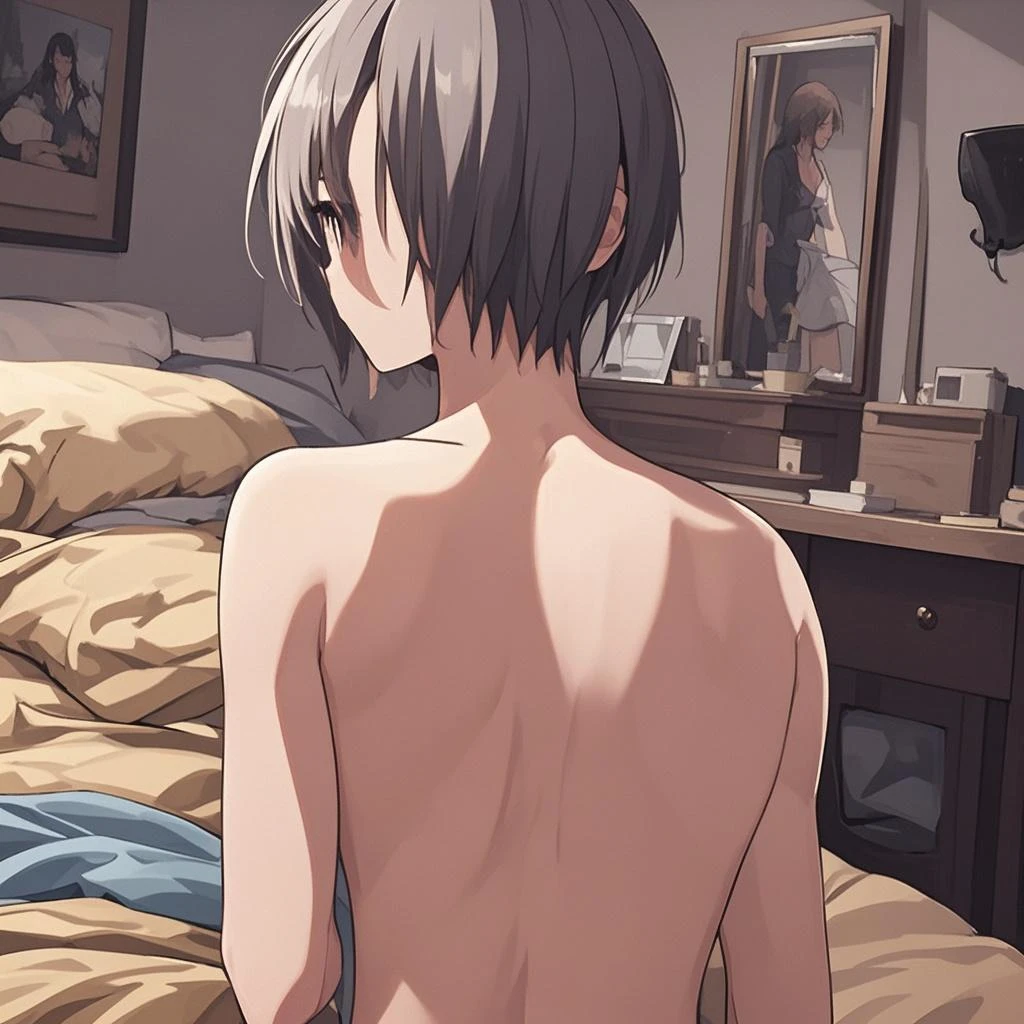 score_9, score_8_up, score_7_up, source_anime,
yukariyukino, yukari yukino, short hair, black hair, detailed blue eyes, hair between eyes,(( perfect eyes )), Perfect face, expressive eyes,
(show off breast), undress no sleeve shirt, detailed nipples, detailed navel, white lace panties,
indoors, bed, realistic bed room, on side, blush,
cowboy shot, looking at viewer, solo, dutch angle,