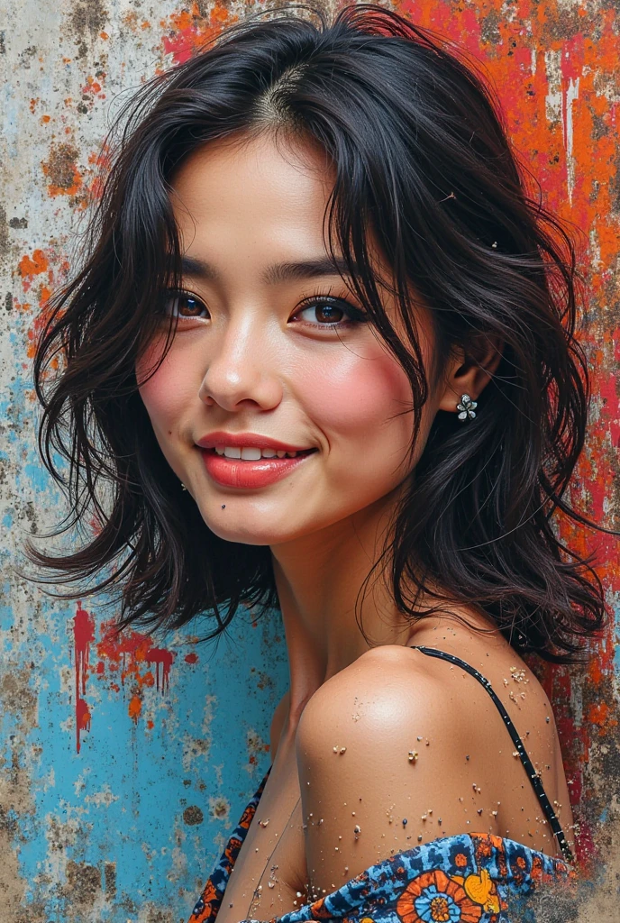 RAW photo, best quality, masterpiece, photorealistic, Polish girl, cowboyshot, 20 years old, black hair, Light grey eyes, short bob cut, hair in 7 thirds, hair over one ear, Symmetrical eyes, pale skin, Big Breasts, rip gloss, Light blue ASICS sneakers, photographed in front of a colorful and stylish exterior wall, smiling, sunny, outdoors, detailed background shot, model-like pose, summer, sunlight, stylish outfit