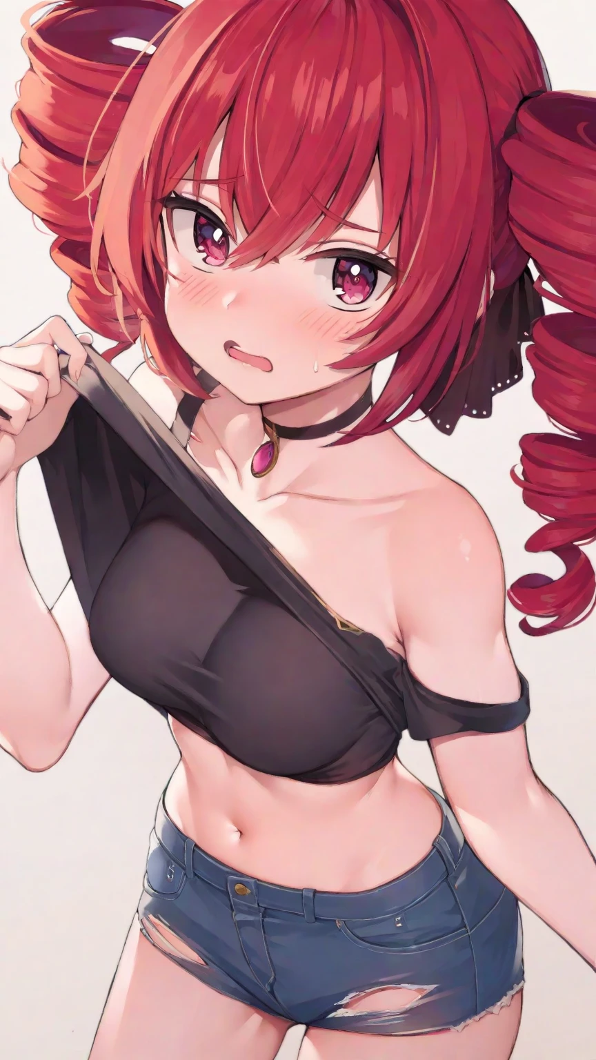 Realistic, outdoor, 1wall, wide angle,1girl, long red hair, shy, embarrassed, blushed, wide angle, POV, from above, standing, neck in shackles, neck chained on wall, (bra, panty), light rays, glow, (masterpiece), wallpaper