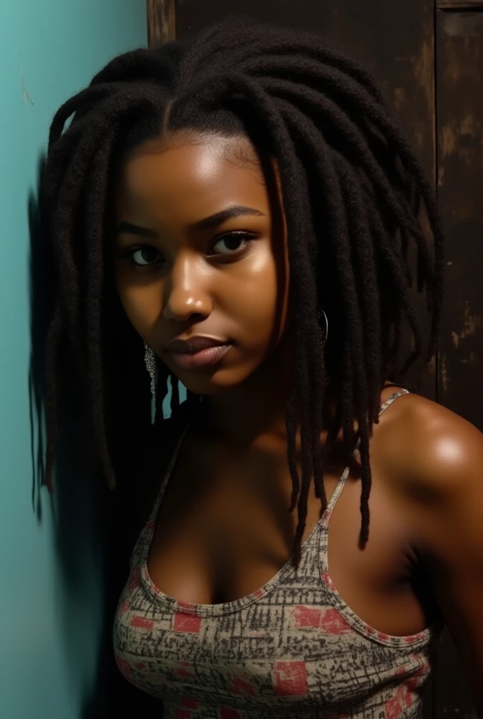 A portrait of a 23-year-old black woman, com cabelos dreadlocks, thin and small breasts. She is wearing a comfortable casual outfit, with a natural skin texture, intricate details and soft colors. The image captures a relaxed moment, where she is in a natural pose, reflecting your calm personality and unique style."