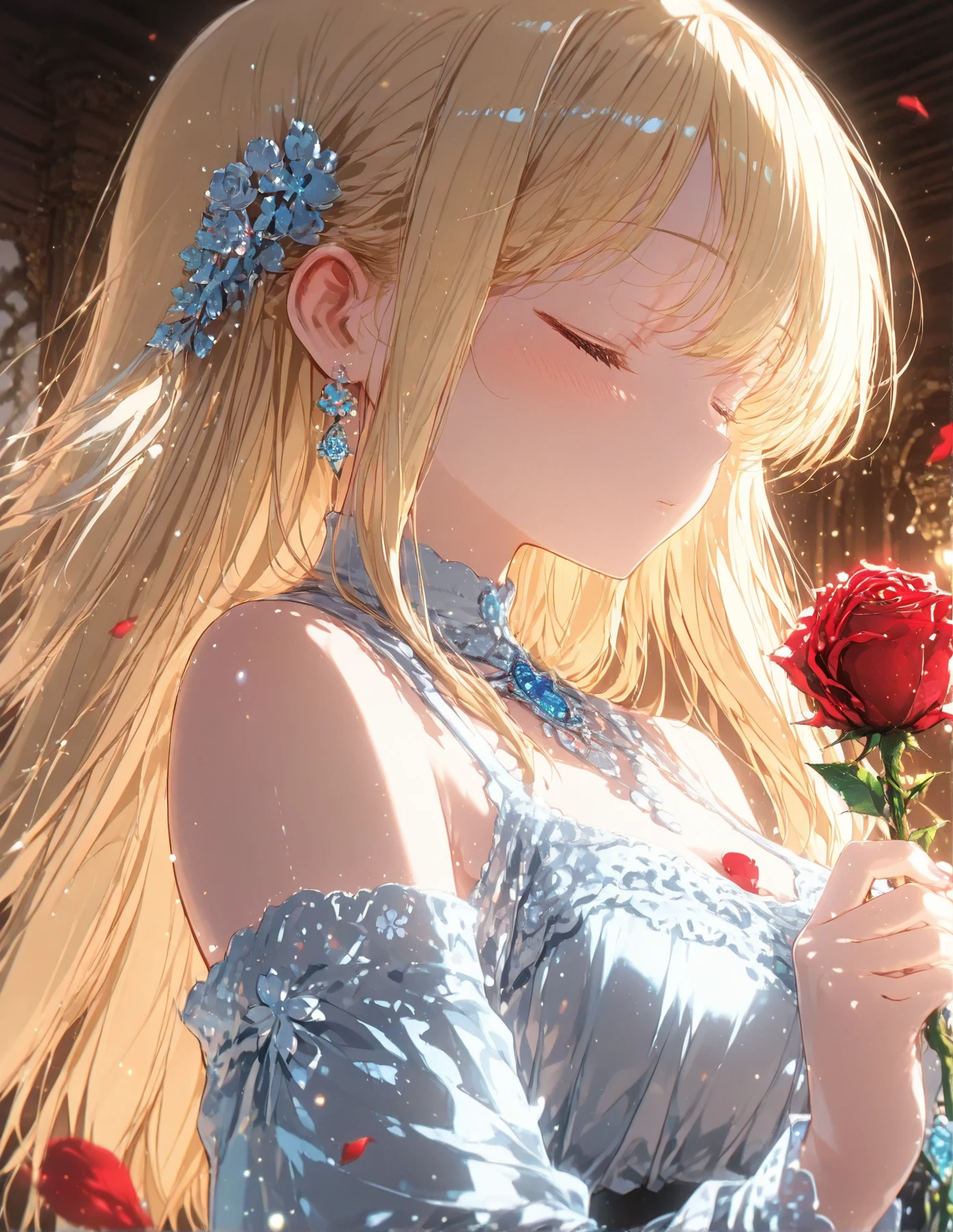 prom queen, cleavage, bouquet of roses, tiara, ballroom, emotional expression, from side, american shot